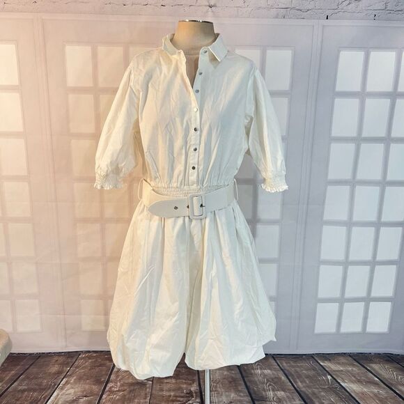 City chic NWT Emily ivory white collared sort sleeve bubble hem belted shirt dre - Picture 4 of 13